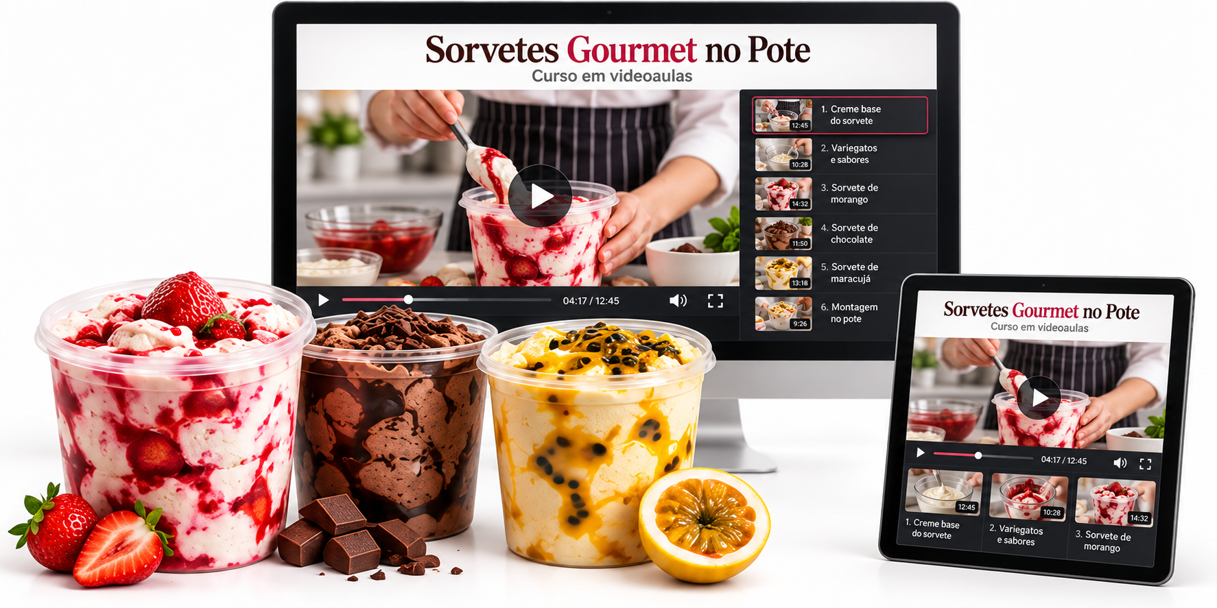 Curso de sorvetes gourmet exibido em monitor e tablet
